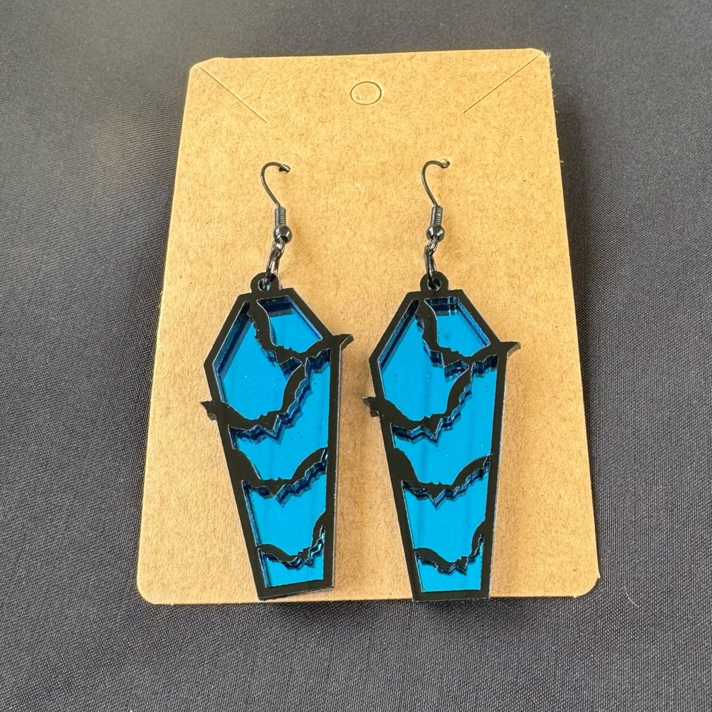Blue Coffin Earrings With Bats